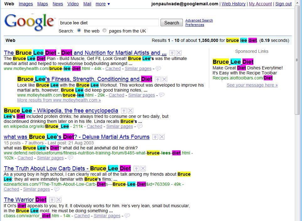 Google colors in search term keywords on another page