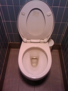 A white toilet with the seat and lid up.