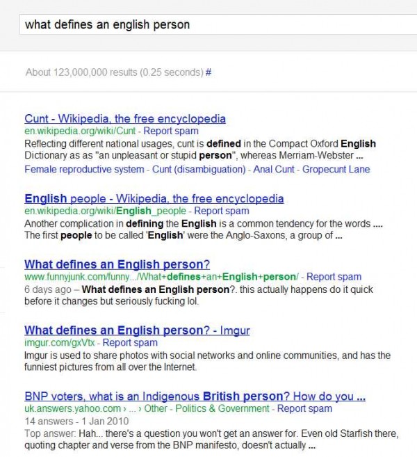 Google search results for What defines an English person